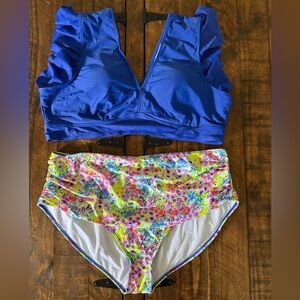 Shein Blue Ruffle Bikini Top and Bright Floral Bottoms